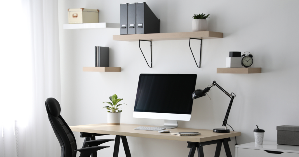Add shelves when designing a small home office for more storage space.